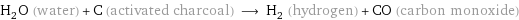 H_2O (water) + C (activated charcoal) ⟶ H_2 (hydrogen) + CO (carbon monoxide)