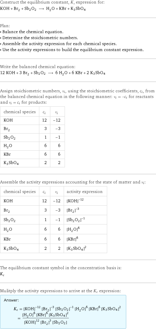 Construct the equilibrium constant, K, expression for: KOH + Br_2 + Sb2O2 ⟶ H_2O + KBr + K3SbO4 Plan: • Balance the chemical equation. • Determine the stoichiometric numbers. • Assemble the activity expression for each chemical species. • Use the activity expressions to build the equilibrium constant expression. Write the balanced chemical equation: 12 KOH + 3 Br_2 + Sb2O2 ⟶ 6 H_2O + 6 KBr + 2 K3SbO4 Assign stoichiometric numbers, ν_i, using the stoichiometric coefficients, c_i, from the balanced chemical equation in the following manner: ν_i = -c_i for reactants and ν_i = c_i for products: chemical species | c_i | ν_i KOH | 12 | -12 Br_2 | 3 | -3 Sb2O2 | 1 | -1 H_2O | 6 | 6 KBr | 6 | 6 K3SbO4 | 2 | 2 Assemble the activity expressions accounting for the state of matter and ν_i: chemical species | c_i | ν_i | activity expression KOH | 12 | -12 | ([KOH])^(-12) Br_2 | 3 | -3 | ([Br2])^(-3) Sb2O2 | 1 | -1 | ([Sb2O2])^(-1) H_2O | 6 | 6 | ([H2O])^6 KBr | 6 | 6 | ([KBr])^6 K3SbO4 | 2 | 2 | ([K3SbO4])^2 The equilibrium constant symbol in the concentration basis is: K_c Mulitply the activity expressions to arrive at the K_c expression: Answer: |   | K_c = ([KOH])^(-12) ([Br2])^(-3) ([Sb2O2])^(-1) ([H2O])^6 ([KBr])^6 ([K3SbO4])^2 = (([H2O])^6 ([KBr])^6 ([K3SbO4])^2)/(([KOH])^12 ([Br2])^3 [Sb2O2])