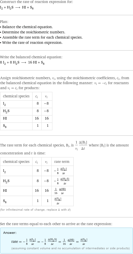 Construct the rate of reaction expression for: I_2 + H_2S ⟶ HI + S_8 Plan: • Balance the chemical equation. • Determine the stoichiometric numbers. • Assemble the rate term for each chemical species. • Write the rate of reaction expression. Write the balanced chemical equation: 8 I_2 + 8 H_2S ⟶ 16 HI + S_8 Assign stoichiometric numbers, ν_i, using the stoichiometric coefficients, c_i, from the balanced chemical equation in the following manner: ν_i = -c_i for reactants and ν_i = c_i for products: chemical species | c_i | ν_i I_2 | 8 | -8 H_2S | 8 | -8 HI | 16 | 16 S_8 | 1 | 1 The rate term for each chemical species, B_i, is 1/ν_i(Δ[B_i])/(Δt) where [B_i] is the amount concentration and t is time: chemical species | c_i | ν_i | rate term I_2 | 8 | -8 | -1/8 (Δ[I2])/(Δt) H_2S | 8 | -8 | -1/8 (Δ[H2S])/(Δt) HI | 16 | 16 | 1/16 (Δ[HI])/(Δt) S_8 | 1 | 1 | (Δ[S8])/(Δt) (for infinitesimal rate of change, replace Δ with d) Set the rate terms equal to each other to arrive at the rate expression: Answer: |   | rate = -1/8 (Δ[I2])/(Δt) = -1/8 (Δ[H2S])/(Δt) = 1/16 (Δ[HI])/(Δt) = (Δ[S8])/(Δt) (assuming constant volume and no accumulation of intermediates or side products)