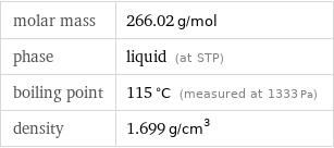 molar mass | 266.02 g/mol phase | liquid (at STP) boiling point | 115 °C (measured at 1333 Pa) density | 1.699 g/cm^3