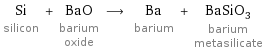 Si silicon + BaO barium oxide ⟶ Ba barium + BaSiO_3 barium metasilicate