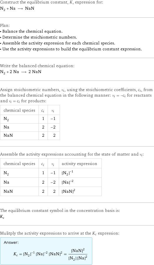 Construct the equilibrium constant, K, expression for: N_2 + Na ⟶ NaN Plan: • Balance the chemical equation. • Determine the stoichiometric numbers. • Assemble the activity expression for each chemical species. • Use the activity expressions to build the equilibrium constant expression. Write the balanced chemical equation: N_2 + 2 Na ⟶ 2 NaN Assign stoichiometric numbers, ν_i, using the stoichiometric coefficients, c_i, from the balanced chemical equation in the following manner: ν_i = -c_i for reactants and ν_i = c_i for products: chemical species | c_i | ν_i N_2 | 1 | -1 Na | 2 | -2 NaN | 2 | 2 Assemble the activity expressions accounting for the state of matter and ν_i: chemical species | c_i | ν_i | activity expression N_2 | 1 | -1 | ([N2])^(-1) Na | 2 | -2 | ([Na])^(-2) NaN | 2 | 2 | ([NaN])^2 The equilibrium constant symbol in the concentration basis is: K_c Mulitply the activity expressions to arrive at the K_c expression: Answer: |   | K_c = ([N2])^(-1) ([Na])^(-2) ([NaN])^2 = ([NaN])^2/([N2] ([Na])^2)