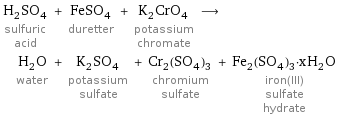 H_2SO_4 sulfuric acid + FeSO_4 duretter + K_2CrO_4 potassium chromate ⟶ H_2O water + K_2SO_4 potassium sulfate + Cr_2(SO_4)_3 chromium sulfate + Fe_2(SO_4)_3·xH_2O iron(III) sulfate hydrate