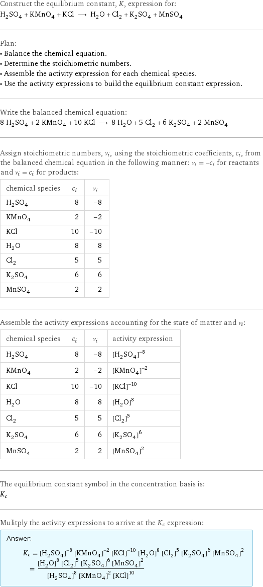 Construct the equilibrium constant, K, expression for: H_2SO_4 + KMnO_4 + KCl ⟶ H_2O + Cl_2 + K_2SO_4 + MnSO_4 Plan: • Balance the chemical equation. • Determine the stoichiometric numbers. • Assemble the activity expression for each chemical species. • Use the activity expressions to build the equilibrium constant expression. Write the balanced chemical equation: 8 H_2SO_4 + 2 KMnO_4 + 10 KCl ⟶ 8 H_2O + 5 Cl_2 + 6 K_2SO_4 + 2 MnSO_4 Assign stoichiometric numbers, ν_i, using the stoichiometric coefficients, c_i, from the balanced chemical equation in the following manner: ν_i = -c_i for reactants and ν_i = c_i for products: chemical species | c_i | ν_i H_2SO_4 | 8 | -8 KMnO_4 | 2 | -2 KCl | 10 | -10 H_2O | 8 | 8 Cl_2 | 5 | 5 K_2SO_4 | 6 | 6 MnSO_4 | 2 | 2 Assemble the activity expressions accounting for the state of matter and ν_i: chemical species | c_i | ν_i | activity expression H_2SO_4 | 8 | -8 | ([H2SO4])^(-8) KMnO_4 | 2 | -2 | ([KMnO4])^(-2) KCl | 10 | -10 | ([KCl])^(-10) H_2O | 8 | 8 | ([H2O])^8 Cl_2 | 5 | 5 | ([Cl2])^5 K_2SO_4 | 6 | 6 | ([K2SO4])^6 MnSO_4 | 2 | 2 | ([MnSO4])^2 The equilibrium constant symbol in the concentration basis is: K_c Mulitply the activity expressions to arrive at the K_c expression: Answer: |   | K_c = ([H2SO4])^(-8) ([KMnO4])^(-2) ([KCl])^(-10) ([H2O])^8 ([Cl2])^5 ([K2SO4])^6 ([MnSO4])^2 = (([H2O])^8 ([Cl2])^5 ([K2SO4])^6 ([MnSO4])^2)/(([H2SO4])^8 ([KMnO4])^2 ([KCl])^10)