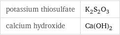 potassium thiosulfate | K_2S_2O_3 calcium hydroxide | Ca(OH)_2