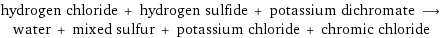 hydrogen chloride + hydrogen sulfide + potassium dichromate ⟶ water + mixed sulfur + potassium chloride + chromic chloride