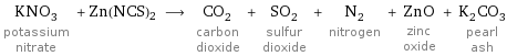 KNO_3 potassium nitrate + Zn(NCS)2 ⟶ CO_2 carbon dioxide + SO_2 sulfur dioxide + N_2 nitrogen + ZnO zinc oxide + K_2CO_3 pearl ash