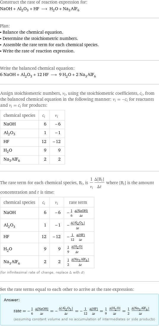 Construct the rate of reaction expression for: NaOH + Al_2O_3 + HF ⟶ H_2O + Na_3AlF_6 Plan: • Balance the chemical equation. • Determine the stoichiometric numbers. • Assemble the rate term for each chemical species. • Write the rate of reaction expression. Write the balanced chemical equation: 6 NaOH + Al_2O_3 + 12 HF ⟶ 9 H_2O + 2 Na_3AlF_6 Assign stoichiometric numbers, ν_i, using the stoichiometric coefficients, c_i, from the balanced chemical equation in the following manner: ν_i = -c_i for reactants and ν_i = c_i for products: chemical species | c_i | ν_i NaOH | 6 | -6 Al_2O_3 | 1 | -1 HF | 12 | -12 H_2O | 9 | 9 Na_3AlF_6 | 2 | 2 The rate term for each chemical species, B_i, is 1/ν_i(Δ[B_i])/(Δt) where [B_i] is the amount concentration and t is time: chemical species | c_i | ν_i | rate term NaOH | 6 | -6 | -1/6 (Δ[NaOH])/(Δt) Al_2O_3 | 1 | -1 | -(Δ[Al2O3])/(Δt) HF | 12 | -12 | -1/12 (Δ[HF])/(Δt) H_2O | 9 | 9 | 1/9 (Δ[H2O])/(Δt) Na_3AlF_6 | 2 | 2 | 1/2 (Δ[Na3AlF6])/(Δt) (for infinitesimal rate of change, replace Δ with d) Set the rate terms equal to each other to arrive at the rate expression: Answer: |   | rate = -1/6 (Δ[NaOH])/(Δt) = -(Δ[Al2O3])/(Δt) = -1/12 (Δ[HF])/(Δt) = 1/9 (Δ[H2O])/(Δt) = 1/2 (Δ[Na3AlF6])/(Δt) (assuming constant volume and no accumulation of intermediates or side products)