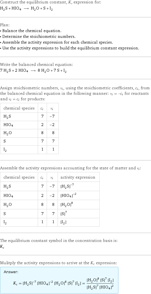 Construct the equilibrium constant, K, expression for: H_2S + HIO4 ⟶ H_2O + S + I_2 Plan: • Balance the chemical equation. • Determine the stoichiometric numbers. • Assemble the activity expression for each chemical species. • Use the activity expressions to build the equilibrium constant expression. Write the balanced chemical equation: 7 H_2S + 2 HIO4 ⟶ 8 H_2O + 7 S + I_2 Assign stoichiometric numbers, ν_i, using the stoichiometric coefficients, c_i, from the balanced chemical equation in the following manner: ν_i = -c_i for reactants and ν_i = c_i for products: chemical species | c_i | ν_i H_2S | 7 | -7 HIO4 | 2 | -2 H_2O | 8 | 8 S | 7 | 7 I_2 | 1 | 1 Assemble the activity expressions accounting for the state of matter and ν_i: chemical species | c_i | ν_i | activity expression H_2S | 7 | -7 | ([H2S])^(-7) HIO4 | 2 | -2 | ([HIO4])^(-2) H_2O | 8 | 8 | ([H2O])^8 S | 7 | 7 | ([S])^7 I_2 | 1 | 1 | [I2] The equilibrium constant symbol in the concentration basis is: K_c Mulitply the activity expressions to arrive at the K_c expression: Answer: |   | K_c = ([H2S])^(-7) ([HIO4])^(-2) ([H2O])^8 ([S])^7 [I2] = (([H2O])^8 ([S])^7 [I2])/(([H2S])^7 ([HIO4])^2)