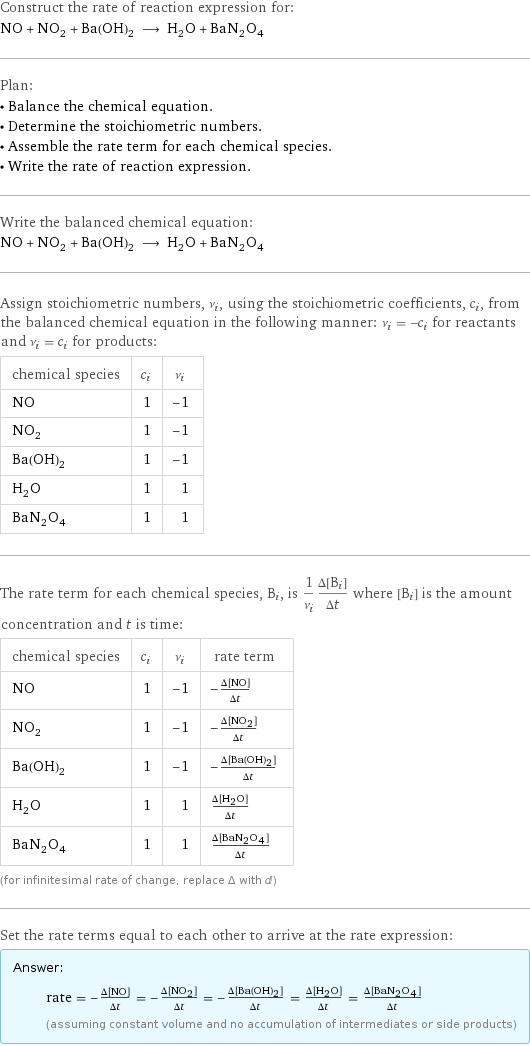 Construct the rate of reaction expression for: NO + NO_2 + Ba(OH)_2 ⟶ H_2O + BaN_2O_4 Plan: • Balance the chemical equation. • Determine the stoichiometric numbers. • Assemble the rate term for each chemical species. • Write the rate of reaction expression. Write the balanced chemical equation: NO + NO_2 + Ba(OH)_2 ⟶ H_2O + BaN_2O_4 Assign stoichiometric numbers, ν_i, using the stoichiometric coefficients, c_i, from the balanced chemical equation in the following manner: ν_i = -c_i for reactants and ν_i = c_i for products: chemical species | c_i | ν_i NO | 1 | -1 NO_2 | 1 | -1 Ba(OH)_2 | 1 | -1 H_2O | 1 | 1 BaN_2O_4 | 1 | 1 The rate term for each chemical species, B_i, is 1/ν_i(Δ[B_i])/(Δt) where [B_i] is the amount concentration and t is time: chemical species | c_i | ν_i | rate term NO | 1 | -1 | -(Δ[NO])/(Δt) NO_2 | 1 | -1 | -(Δ[NO2])/(Δt) Ba(OH)_2 | 1 | -1 | -(Δ[Ba(OH)2])/(Δt) H_2O | 1 | 1 | (Δ[H2O])/(Δt) BaN_2O_4 | 1 | 1 | (Δ[BaN2O4])/(Δt) (for infinitesimal rate of change, replace Δ with d) Set the rate terms equal to each other to arrive at the rate expression: Answer: |   | rate = -(Δ[NO])/(Δt) = -(Δ[NO2])/(Δt) = -(Δ[Ba(OH)2])/(Δt) = (Δ[H2O])/(Δt) = (Δ[BaN2O4])/(Δt) (assuming constant volume and no accumulation of intermediates or side products)