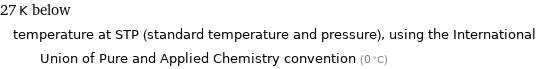 27 K below temperature at STP (standard temperature and pressure), using the International Union of Pure and Applied Chemistry convention (0 °C)