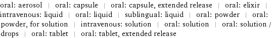 oral: aerosol | oral: capsule | oral: capsule, extended release | oral: elixir | intravenous: liquid | oral: liquid | sublingual: liquid | oral: powder | oral: powder, for solution | intravenous: solution | oral: solution | oral: solution / drops | oral: tablet | oral: tablet, extended release