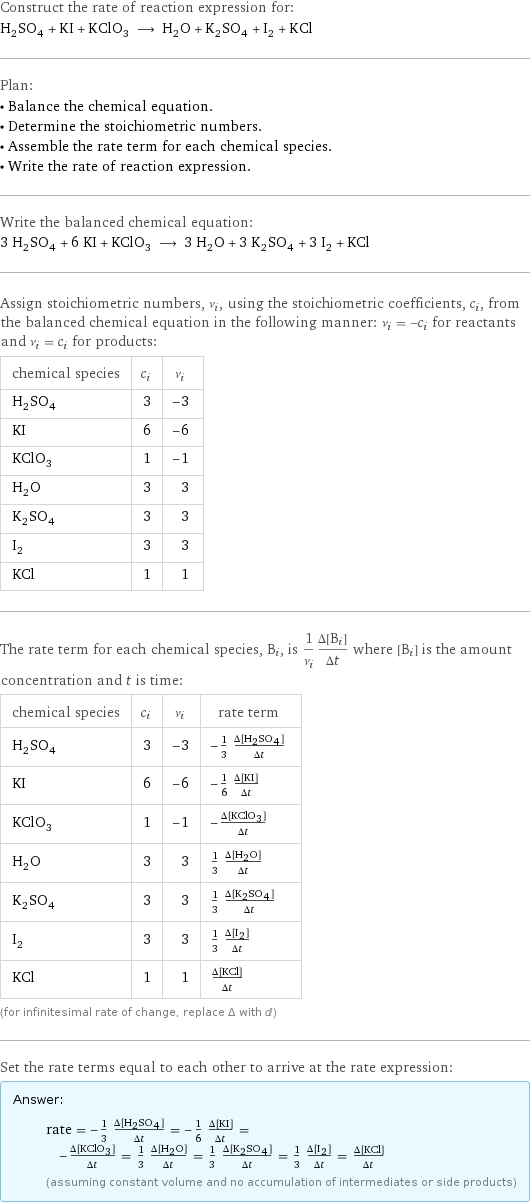 Construct the rate of reaction expression for: H_2SO_4 + KI + KClO_3 ⟶ H_2O + K_2SO_4 + I_2 + KCl Plan: • Balance the chemical equation. • Determine the stoichiometric numbers. • Assemble the rate term for each chemical species. • Write the rate of reaction expression. Write the balanced chemical equation: 3 H_2SO_4 + 6 KI + KClO_3 ⟶ 3 H_2O + 3 K_2SO_4 + 3 I_2 + KCl Assign stoichiometric numbers, ν_i, using the stoichiometric coefficients, c_i, from the balanced chemical equation in the following manner: ν_i = -c_i for reactants and ν_i = c_i for products: chemical species | c_i | ν_i H_2SO_4 | 3 | -3 KI | 6 | -6 KClO_3 | 1 | -1 H_2O | 3 | 3 K_2SO_4 | 3 | 3 I_2 | 3 | 3 KCl | 1 | 1 The rate term for each chemical species, B_i, is 1/ν_i(Δ[B_i])/(Δt) where [B_i] is the amount concentration and t is time: chemical species | c_i | ν_i | rate term H_2SO_4 | 3 | -3 | -1/3 (Δ[H2SO4])/(Δt) KI | 6 | -6 | -1/6 (Δ[KI])/(Δt) KClO_3 | 1 | -1 | -(Δ[KClO3])/(Δt) H_2O | 3 | 3 | 1/3 (Δ[H2O])/(Δt) K_2SO_4 | 3 | 3 | 1/3 (Δ[K2SO4])/(Δt) I_2 | 3 | 3 | 1/3 (Δ[I2])/(Δt) KCl | 1 | 1 | (Δ[KCl])/(Δt) (for infinitesimal rate of change, replace Δ with d) Set the rate terms equal to each other to arrive at the rate expression: Answer: |   | rate = -1/3 (Δ[H2SO4])/(Δt) = -1/6 (Δ[KI])/(Δt) = -(Δ[KClO3])/(Δt) = 1/3 (Δ[H2O])/(Δt) = 1/3 (Δ[K2SO4])/(Δt) = 1/3 (Δ[I2])/(Δt) = (Δ[KCl])/(Δt) (assuming constant volume and no accumulation of intermediates or side products)