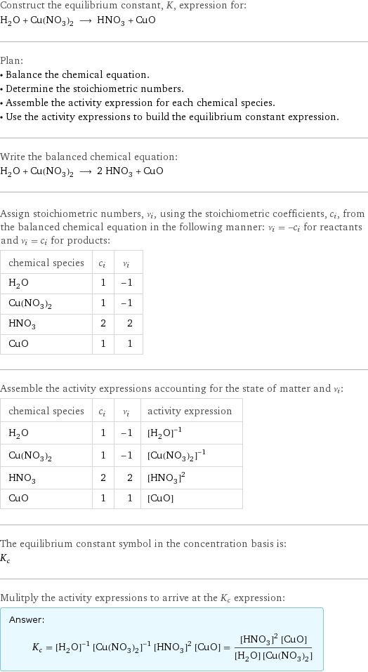 Construct the equilibrium constant, K, expression for: H_2O + Cu(NO_3)_2 ⟶ HNO_3 + CuO Plan: • Balance the chemical equation. • Determine the stoichiometric numbers. • Assemble the activity expression for each chemical species. • Use the activity expressions to build the equilibrium constant expression. Write the balanced chemical equation: H_2O + Cu(NO_3)_2 ⟶ 2 HNO_3 + CuO Assign stoichiometric numbers, ν_i, using the stoichiometric coefficients, c_i, from the balanced chemical equation in the following manner: ν_i = -c_i for reactants and ν_i = c_i for products: chemical species | c_i | ν_i H_2O | 1 | -1 Cu(NO_3)_2 | 1 | -1 HNO_3 | 2 | 2 CuO | 1 | 1 Assemble the activity expressions accounting for the state of matter and ν_i: chemical species | c_i | ν_i | activity expression H_2O | 1 | -1 | ([H2O])^(-1) Cu(NO_3)_2 | 1 | -1 | ([Cu(NO3)2])^(-1) HNO_3 | 2 | 2 | ([HNO3])^2 CuO | 1 | 1 | [CuO] The equilibrium constant symbol in the concentration basis is: K_c Mulitply the activity expressions to arrive at the K_c expression: Answer: |   | K_c = ([H2O])^(-1) ([Cu(NO3)2])^(-1) ([HNO3])^2 [CuO] = (([HNO3])^2 [CuO])/([H2O] [Cu(NO3)2])