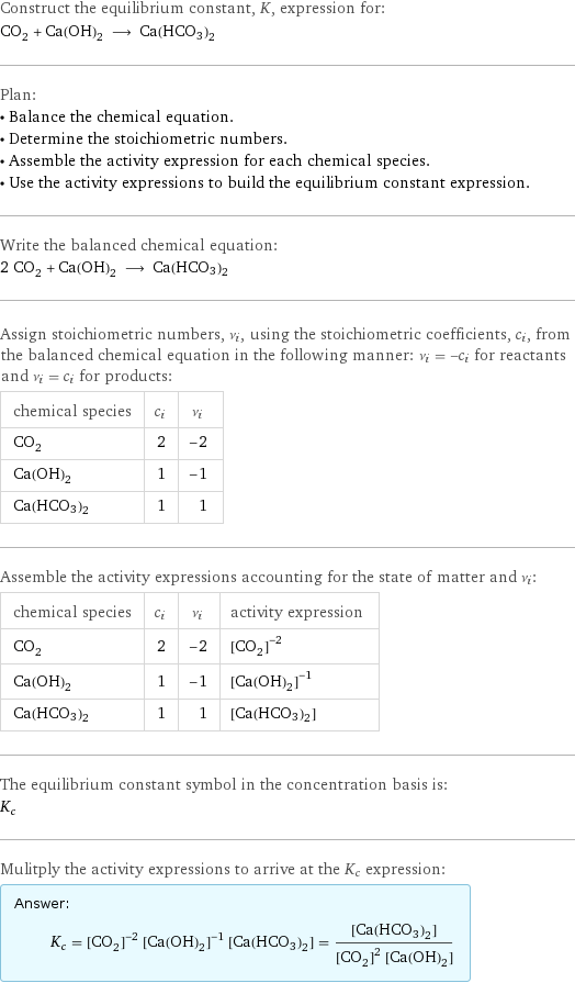 Construct the equilibrium constant, K, expression for: CO_2 + Ca(OH)_2 ⟶ Ca(HCO3)2 Plan: • Balance the chemical equation. • Determine the stoichiometric numbers. • Assemble the activity expression for each chemical species. • Use the activity expressions to build the equilibrium constant expression. Write the balanced chemical equation: 2 CO_2 + Ca(OH)_2 ⟶ Ca(HCO3)2 Assign stoichiometric numbers, ν_i, using the stoichiometric coefficients, c_i, from the balanced chemical equation in the following manner: ν_i = -c_i for reactants and ν_i = c_i for products: chemical species | c_i | ν_i CO_2 | 2 | -2 Ca(OH)_2 | 1 | -1 Ca(HCO3)2 | 1 | 1 Assemble the activity expressions accounting for the state of matter and ν_i: chemical species | c_i | ν_i | activity expression CO_2 | 2 | -2 | ([CO2])^(-2) Ca(OH)_2 | 1 | -1 | ([Ca(OH)2])^(-1) Ca(HCO3)2 | 1 | 1 | [Ca(HCO3)2] The equilibrium constant symbol in the concentration basis is: K_c Mulitply the activity expressions to arrive at the K_c expression: Answer: |   | K_c = ([CO2])^(-2) ([Ca(OH)2])^(-1) [Ca(HCO3)2] = ([Ca(HCO3)2])/(([CO2])^2 [Ca(OH)2])