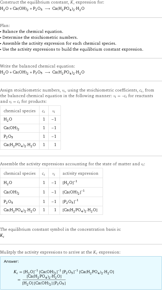 Construct the equilibrium constant, K, expression for: H_2O + Ca(OH)_2 + P2O5 ⟶ Ca(H_2PO_4)_2·H_2O Plan: • Balance the chemical equation. • Determine the stoichiometric numbers. • Assemble the activity expression for each chemical species. • Use the activity expressions to build the equilibrium constant expression. Write the balanced chemical equation: H_2O + Ca(OH)_2 + P2O5 ⟶ Ca(H_2PO_4)_2·H_2O Assign stoichiometric numbers, ν_i, using the stoichiometric coefficients, c_i, from the balanced chemical equation in the following manner: ν_i = -c_i for reactants and ν_i = c_i for products: chemical species | c_i | ν_i H_2O | 1 | -1 Ca(OH)_2 | 1 | -1 P2O5 | 1 | -1 Ca(H_2PO_4)_2·H_2O | 1 | 1 Assemble the activity expressions accounting for the state of matter and ν_i: chemical species | c_i | ν_i | activity expression H_2O | 1 | -1 | ([H2O])^(-1) Ca(OH)_2 | 1 | -1 | ([Ca(OH)2])^(-1) P2O5 | 1 | -1 | ([P2O5])^(-1) Ca(H_2PO_4)_2·H_2O | 1 | 1 | [Ca(H2PO4)2·H2O] The equilibrium constant symbol in the concentration basis is: K_c Mulitply the activity expressions to arrive at the K_c expression: Answer: |   | K_c = ([H2O])^(-1) ([Ca(OH)2])^(-1) ([P2O5])^(-1) [Ca(H2PO4)2·H2O] = ([Ca(H2PO4)2·H2O])/([H2O] [Ca(OH)2] [P2O5])