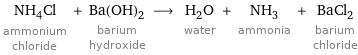 NH_4Cl ammonium chloride + Ba(OH)_2 barium hydroxide ⟶ H_2O water + NH_3 ammonia + BaCl_2 barium chloride