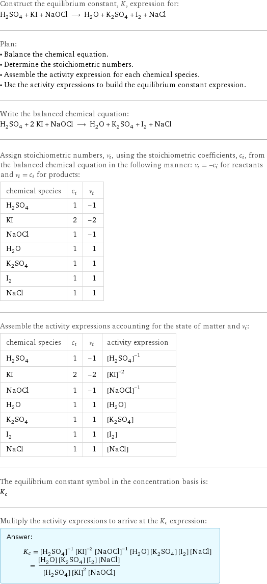 Construct the equilibrium constant, K, expression for: H_2SO_4 + KI + NaOCl ⟶ H_2O + K_2SO_4 + I_2 + NaCl Plan: • Balance the chemical equation. • Determine the stoichiometric numbers. • Assemble the activity expression for each chemical species. • Use the activity expressions to build the equilibrium constant expression. Write the balanced chemical equation: H_2SO_4 + 2 KI + NaOCl ⟶ H_2O + K_2SO_4 + I_2 + NaCl Assign stoichiometric numbers, ν_i, using the stoichiometric coefficients, c_i, from the balanced chemical equation in the following manner: ν_i = -c_i for reactants and ν_i = c_i for products: chemical species | c_i | ν_i H_2SO_4 | 1 | -1 KI | 2 | -2 NaOCl | 1 | -1 H_2O | 1 | 1 K_2SO_4 | 1 | 1 I_2 | 1 | 1 NaCl | 1 | 1 Assemble the activity expressions accounting for the state of matter and ν_i: chemical species | c_i | ν_i | activity expression H_2SO_4 | 1 | -1 | ([H2SO4])^(-1) KI | 2 | -2 | ([KI])^(-2) NaOCl | 1 | -1 | ([NaOCl])^(-1) H_2O | 1 | 1 | [H2O] K_2SO_4 | 1 | 1 | [K2SO4] I_2 | 1 | 1 | [I2] NaCl | 1 | 1 | [NaCl] The equilibrium constant symbol in the concentration basis is: K_c Mulitply the activity expressions to arrive at the K_c expression: Answer: |   | K_c = ([H2SO4])^(-1) ([KI])^(-2) ([NaOCl])^(-1) [H2O] [K2SO4] [I2] [NaCl] = ([H2O] [K2SO4] [I2] [NaCl])/([H2SO4] ([KI])^2 [NaOCl])