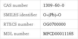 CAS number | 1309-60-0 SMILES identifier | O=[Pb]=O RTECS number | OG0700000 MDL number | MFCD00011165