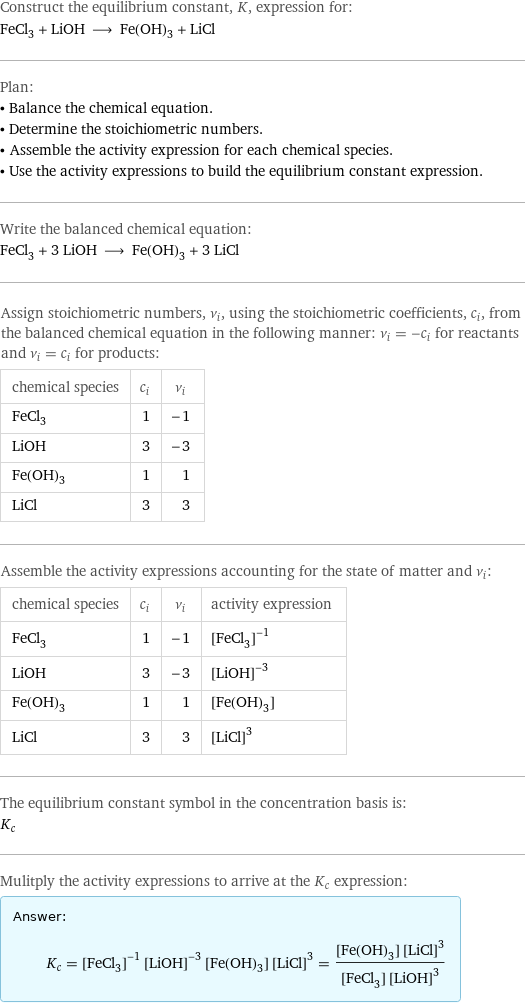 Construct the equilibrium constant, K, expression for: FeCl_3 + LiOH ⟶ Fe(OH)_3 + LiCl Plan: • Balance the chemical equation. • Determine the stoichiometric numbers. • Assemble the activity expression for each chemical species. • Use the activity expressions to build the equilibrium constant expression. Write the balanced chemical equation: FeCl_3 + 3 LiOH ⟶ Fe(OH)_3 + 3 LiCl Assign stoichiometric numbers, ν_i, using the stoichiometric coefficients, c_i, from the balanced chemical equation in the following manner: ν_i = -c_i for reactants and ν_i = c_i for products: chemical species | c_i | ν_i FeCl_3 | 1 | -1 LiOH | 3 | -3 Fe(OH)_3 | 1 | 1 LiCl | 3 | 3 Assemble the activity expressions accounting for the state of matter and ν_i: chemical species | c_i | ν_i | activity expression FeCl_3 | 1 | -1 | ([FeCl3])^(-1) LiOH | 3 | -3 | ([LiOH])^(-3) Fe(OH)_3 | 1 | 1 | [Fe(OH)3] LiCl | 3 | 3 | ([LiCl])^3 The equilibrium constant symbol in the concentration basis is: K_c Mulitply the activity expressions to arrive at the K_c expression: Answer: |   | K_c = ([FeCl3])^(-1) ([LiOH])^(-3) [Fe(OH)3] ([LiCl])^3 = ([Fe(OH)3] ([LiCl])^3)/([FeCl3] ([LiOH])^3)