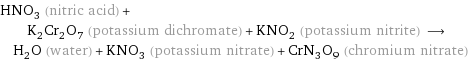 HNO_3 (nitric acid) + K_2Cr_2O_7 (potassium dichromate) + KNO_2 (potassium nitrite) ⟶ H_2O (water) + KNO_3 (potassium nitrate) + CrN_3O_9 (chromium nitrate)