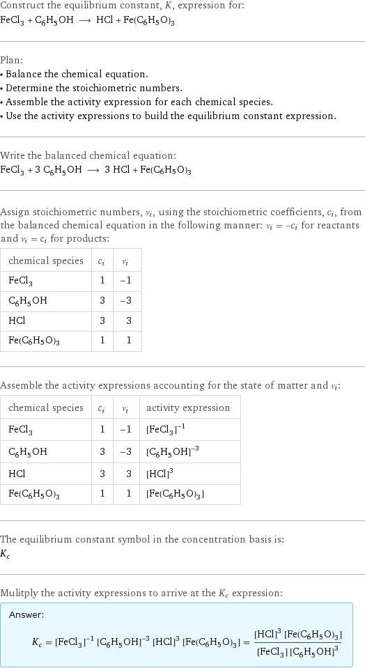 Construct the equilibrium constant, K, expression for: FeCl_3 + C_6H_5OH ⟶ HCl + Fe(C6H5O)3 Plan: • Balance the chemical equation. • Determine the stoichiometric numbers. • Assemble the activity expression for each chemical species. • Use the activity expressions to build the equilibrium constant expression. Write the balanced chemical equation: FeCl_3 + 3 C_6H_5OH ⟶ 3 HCl + Fe(C6H5O)3 Assign stoichiometric numbers, ν_i, using the stoichiometric coefficients, c_i, from the balanced chemical equation in the following manner: ν_i = -c_i for reactants and ν_i = c_i for products: chemical species | c_i | ν_i FeCl_3 | 1 | -1 C_6H_5OH | 3 | -3 HCl | 3 | 3 Fe(C6H5O)3 | 1 | 1 Assemble the activity expressions accounting for the state of matter and ν_i: chemical species | c_i | ν_i | activity expression FeCl_3 | 1 | -1 | ([FeCl3])^(-1) C_6H_5OH | 3 | -3 | ([C6H5OH])^(-3) HCl | 3 | 3 | ([HCl])^3 Fe(C6H5O)3 | 1 | 1 | [Fe(C6H5O)3] The equilibrium constant symbol in the concentration basis is: K_c Mulitply the activity expressions to arrive at the K_c expression: Answer: |   | K_c = ([FeCl3])^(-1) ([C6H5OH])^(-3) ([HCl])^3 [Fe(C6H5O)3] = (([HCl])^3 [Fe(C6H5O)3])/([FeCl3] ([C6H5OH])^3)