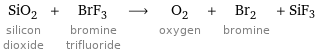 SiO_2 silicon dioxide + BrF_3 bromine trifluoride ⟶ O_2 oxygen + Br_2 bromine + SiF3