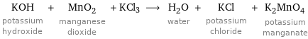 KOH potassium hydroxide + MnO_2 manganese dioxide + KCl3 ⟶ H_2O water + KCl potassium chloride + K_2MnO_4 potassium manganate