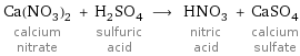 Ca(NO_3)_2 calcium nitrate + H_2SO_4 sulfuric acid ⟶ HNO_3 nitric acid + CaSO_4 calcium sulfate