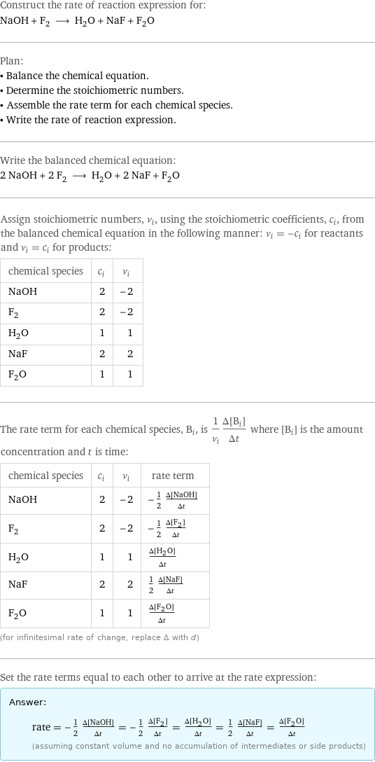 Construct the rate of reaction expression for: NaOH + F_2 ⟶ H_2O + NaF + F_2O Plan: • Balance the chemical equation. • Determine the stoichiometric numbers. • Assemble the rate term for each chemical species. • Write the rate of reaction expression. Write the balanced chemical equation: 2 NaOH + 2 F_2 ⟶ H_2O + 2 NaF + F_2O Assign stoichiometric numbers, ν_i, using the stoichiometric coefficients, c_i, from the balanced chemical equation in the following manner: ν_i = -c_i for reactants and ν_i = c_i for products: chemical species | c_i | ν_i NaOH | 2 | -2 F_2 | 2 | -2 H_2O | 1 | 1 NaF | 2 | 2 F_2O | 1 | 1 The rate term for each chemical species, B_i, is 1/ν_i(Δ[B_i])/(Δt) where [B_i] is the amount concentration and t is time: chemical species | c_i | ν_i | rate term NaOH | 2 | -2 | -1/2 (Δ[NaOH])/(Δt) F_2 | 2 | -2 | -1/2 (Δ[F2])/(Δt) H_2O | 1 | 1 | (Δ[H2O])/(Δt) NaF | 2 | 2 | 1/2 (Δ[NaF])/(Δt) F_2O | 1 | 1 | (Δ[F2O])/(Δt) (for infinitesimal rate of change, replace Δ with d) Set the rate terms equal to each other to arrive at the rate expression: Answer: |   | rate = -1/2 (Δ[NaOH])/(Δt) = -1/2 (Δ[F2])/(Δt) = (Δ[H2O])/(Δt) = 1/2 (Δ[NaF])/(Δt) = (Δ[F2O])/(Δt) (assuming constant volume and no accumulation of intermediates or side products)