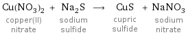 Cu(NO_3)_2 copper(II) nitrate + Na_2S sodium sulfide ⟶ CuS cupric sulfide + NaNO_3 sodium nitrate