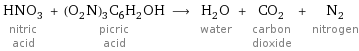 HNO_3 nitric acid + (O_2N)_3C_6H_2OH picric acid ⟶ H_2O water + CO_2 carbon dioxide + N_2 nitrogen