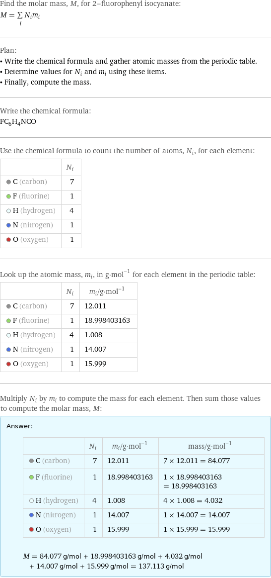 Find the molar mass, M, for 2-fluorophenyl isocyanate: M = sum _iN_im_i Plan: • Write the chemical formula and gather atomic masses from the periodic table. • Determine values for N_i and m_i using these items. • Finally, compute the mass. Write the chemical formula: FC_6H_4NCO Use the chemical formula to count the number of atoms, N_i, for each element:  | N_i  C (carbon) | 7  F (fluorine) | 1  H (hydrogen) | 4  N (nitrogen) | 1  O (oxygen) | 1 Look up the atomic mass, m_i, in g·mol^(-1) for each element in the periodic table:  | N_i | m_i/g·mol^(-1)  C (carbon) | 7 | 12.011  F (fluorine) | 1 | 18.998403163  H (hydrogen) | 4 | 1.008  N (nitrogen) | 1 | 14.007  O (oxygen) | 1 | 15.999 Multiply N_i by m_i to compute the mass for each element. Then sum those values to compute the molar mass, M: Answer: |   | | N_i | m_i/g·mol^(-1) | mass/g·mol^(-1)  C (carbon) | 7 | 12.011 | 7 × 12.011 = 84.077  F (fluorine) | 1 | 18.998403163 | 1 × 18.998403163 = 18.998403163  H (hydrogen) | 4 | 1.008 | 4 × 1.008 = 4.032  N (nitrogen) | 1 | 14.007 | 1 × 14.007 = 14.007  O (oxygen) | 1 | 15.999 | 1 × 15.999 = 15.999  M = 84.077 g/mol + 18.998403163 g/mol + 4.032 g/mol + 14.007 g/mol + 15.999 g/mol = 137.113 g/mol