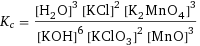 K_c = ([H2O]^3 [KCl]^2 [K2MnO4]^3)/([KOH]^6 [KClO3]^2 [MnO]^3)