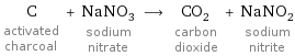C activated charcoal + NaNO_3 sodium nitrate ⟶ CO_2 carbon dioxide + NaNO_2 sodium nitrite