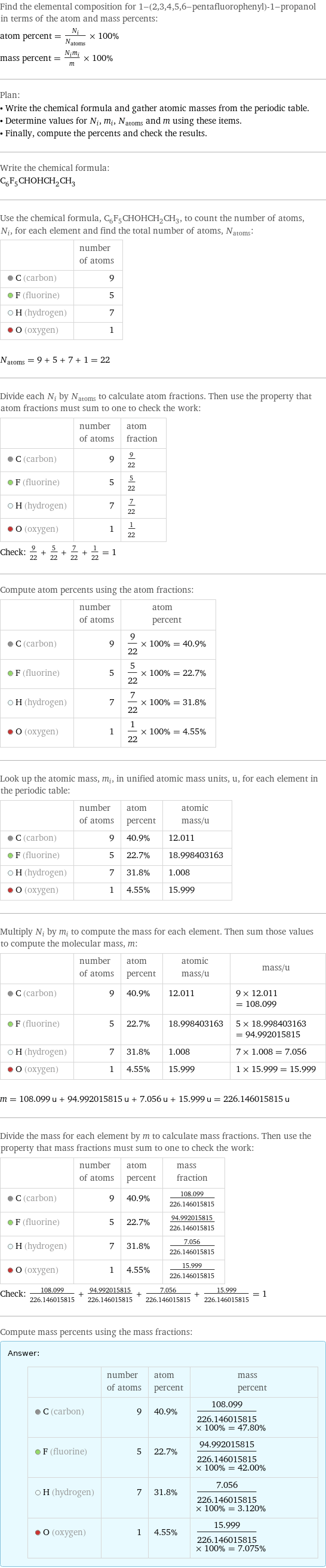 Find the elemental composition for 1-(2, 3, 4, 5, 6-pentafluorophenyl)-1-propanol in terms of the atom and mass percents: atom percent = N_i/N_atoms × 100% mass percent = (N_im_i)/m × 100% Plan: • Write the chemical formula and gather atomic masses from the periodic table. • Determine values for N_i, m_i, N_atoms and m using these items. • Finally, compute the percents and check the results. Write the chemical formula: C_6F_5CHOHCH_2CH_3 Use the chemical formula, C_6F_5CHOHCH_2CH_3, to count the number of atoms, N_i, for each element and find the total number of atoms, N_atoms:  | number of atoms  C (carbon) | 9  F (fluorine) | 5  H (hydrogen) | 7  O (oxygen) | 1  N_atoms = 9 + 5 + 7 + 1 = 22 Divide each N_i by N_atoms to calculate atom fractions. Then use the property that atom fractions must sum to one to check the work:  | number of atoms | atom fraction  C (carbon) | 9 | 9/22  F (fluorine) | 5 | 5/22  H (hydrogen) | 7 | 7/22  O (oxygen) | 1 | 1/22 Check: 9/22 + 5/22 + 7/22 + 1/22 = 1 Compute atom percents using the atom fractions:  | number of atoms | atom percent  C (carbon) | 9 | 9/22 × 100% = 40.9%  F (fluorine) | 5 | 5/22 × 100% = 22.7%  H (hydrogen) | 7 | 7/22 × 100% = 31.8%  O (oxygen) | 1 | 1/22 × 100% = 4.55% Look up the atomic mass, m_i, in unified atomic mass units, u, for each element in the periodic table:  | number of atoms | atom percent | atomic mass/u  C (carbon) | 9 | 40.9% | 12.011  F (fluorine) | 5 | 22.7% | 18.998403163  H (hydrogen) | 7 | 31.8% | 1.008  O (oxygen) | 1 | 4.55% | 15.999 Multiply N_i by m_i to compute the mass for each element. Then sum those values to compute the molecular mass, m:  | number of atoms | atom percent | atomic mass/u | mass/u  C (carbon) | 9 | 40.9% | 12.011 | 9 × 12.011 = 108.099  F (fluorine) | 5 | 22.7% | 18.998403163 | 5 × 18.998403163 = 94.992015815  H (hydrogen) | 7 | 31.8% | 1.008 | 7 × 1.008 = 7.056  O (oxygen) | 1 | 4.55% | 15.999 | 1 × 15.999 = 15.999  m = 108.099 u + 94.992015815 u + 7.056 u + 15.999 u = 226.146015815 u Divide the mass for each element by m to calculate mass fractions. Then use the property that mass fractions must sum to one to check the work:  | number of atoms | atom percent | mass fraction  C (carbon) | 9 | 40.9% | 108.099/226.146015815  F (fluorine) | 5 | 22.7% | 94.992015815/226.146015815  H (hydrogen) | 7 | 31.8% | 7.056/226.146015815  O (oxygen) | 1 | 4.55% | 15.999/226.146015815 Check: 108.099/226.146015815 + 94.992015815/226.146015815 + 7.056/226.146015815 + 15.999/226.146015815 = 1 Compute mass percents using the mass fractions: Answer: |   | | number of atoms | atom percent | mass percent  C (carbon) | 9 | 40.9% | 108.099/226.146015815 × 100% = 47.80%  F (fluorine) | 5 | 22.7% | 94.992015815/226.146015815 × 100% = 42.00%  H (hydrogen) | 7 | 31.8% | 7.056/226.146015815 × 100% = 3.120%  O (oxygen) | 1 | 4.55% | 15.999/226.146015815 × 100% = 7.075%