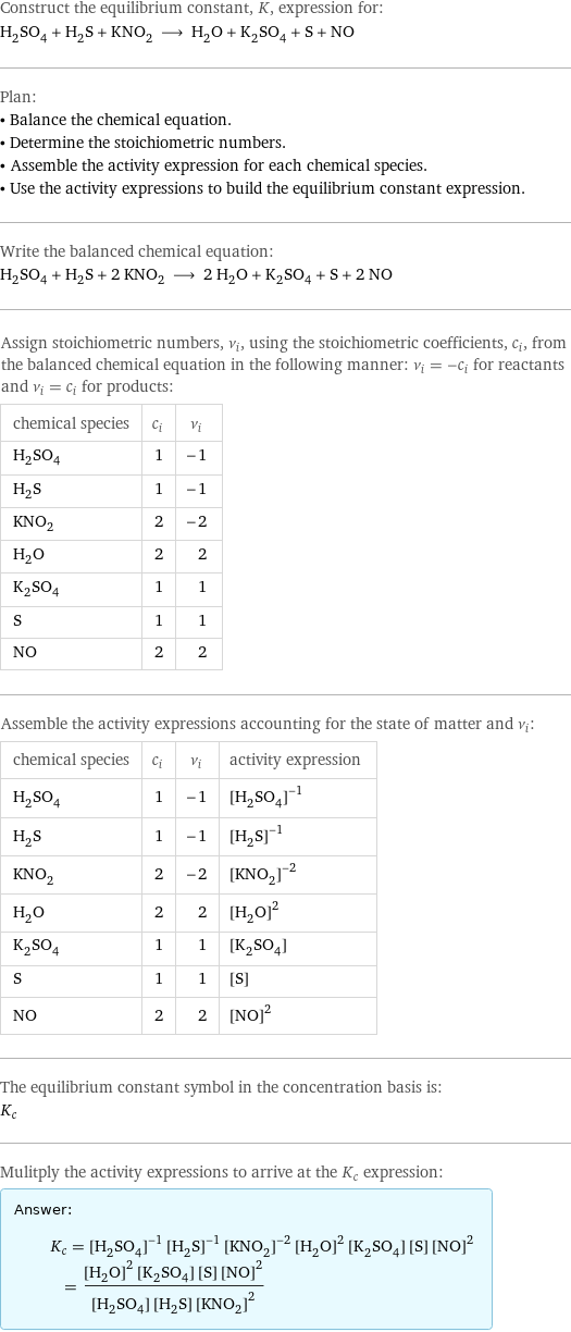 Construct the equilibrium constant, K, expression for: H_2SO_4 + H_2S + KNO_2 ⟶ H_2O + K_2SO_4 + S + NO Plan: • Balance the chemical equation. • Determine the stoichiometric numbers. • Assemble the activity expression for each chemical species. • Use the activity expressions to build the equilibrium constant expression. Write the balanced chemical equation: H_2SO_4 + H_2S + 2 KNO_2 ⟶ 2 H_2O + K_2SO_4 + S + 2 NO Assign stoichiometric numbers, ν_i, using the stoichiometric coefficients, c_i, from the balanced chemical equation in the following manner: ν_i = -c_i for reactants and ν_i = c_i for products: chemical species | c_i | ν_i H_2SO_4 | 1 | -1 H_2S | 1 | -1 KNO_2 | 2 | -2 H_2O | 2 | 2 K_2SO_4 | 1 | 1 S | 1 | 1 NO | 2 | 2 Assemble the activity expressions accounting for the state of matter and ν_i: chemical species | c_i | ν_i | activity expression H_2SO_4 | 1 | -1 | ([H2SO4])^(-1) H_2S | 1 | -1 | ([H2S])^(-1) KNO_2 | 2 | -2 | ([KNO2])^(-2) H_2O | 2 | 2 | ([H2O])^2 K_2SO_4 | 1 | 1 | [K2SO4] S | 1 | 1 | [S] NO | 2 | 2 | ([NO])^2 The equilibrium constant symbol in the concentration basis is: K_c Mulitply the activity expressions to arrive at the K_c expression: Answer: |   | K_c = ([H2SO4])^(-1) ([H2S])^(-1) ([KNO2])^(-2) ([H2O])^2 [K2SO4] [S] ([NO])^2 = (([H2O])^2 [K2SO4] [S] ([NO])^2)/([H2SO4] [H2S] ([KNO2])^2)