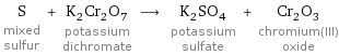 S mixed sulfur + K_2Cr_2O_7 potassium dichromate ⟶ K_2SO_4 potassium sulfate + Cr_2O_3 chromium(III) oxide