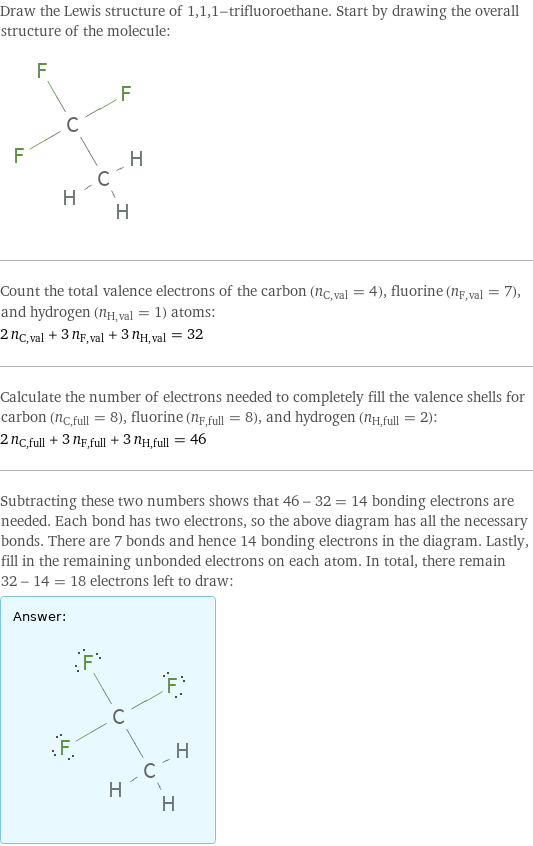 Draw the Lewis structure of 1, 1, 1-trifluoroethane. Start by drawing the overall structure of the molecule:  Count the total valence electrons of the carbon (n_C, val = 4), fluorine (n_F, val = 7), and hydrogen (n_H, val = 1) atoms: 2 n_C, val + 3 n_F, val + 3 n_H, val = 32 Calculate the number of electrons needed to completely fill the valence shells for carbon (n_C, full = 8), fluorine (n_F, full = 8), and hydrogen (n_H, full = 2): 2 n_C, full + 3 n_F, full + 3 n_H, full = 46 Subtracting these two numbers shows that 46 - 32 = 14 bonding electrons are needed. Each bond has two electrons, so the above diagram has all the necessary bonds. There are 7 bonds and hence 14 bonding electrons in the diagram. Lastly, fill in the remaining unbonded electrons on each atom. In total, there remain 32 - 14 = 18 electrons left to draw: Answer: |   | 