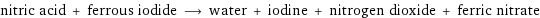 nitric acid + ferrous iodide ⟶ water + iodine + nitrogen dioxide + ferric nitrate