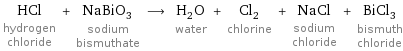 HCl hydrogen chloride + NaBiO_3 sodium bismuthate ⟶ H_2O water + Cl_2 chlorine + NaCl sodium chloride + BiCl_3 bismuth chloride