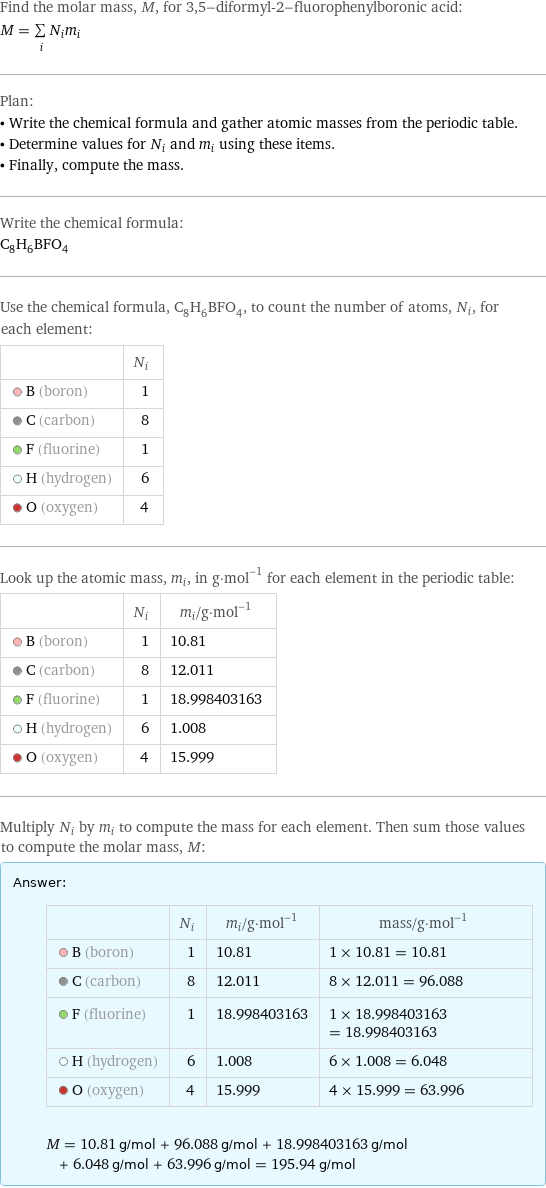 Find the molar mass, M, for 3, 5-diformyl-2-fluorophenylboronic acid: M = sum _iN_im_i Plan: • Write the chemical formula and gather atomic masses from the periodic table. • Determine values for N_i and m_i using these items. • Finally, compute the mass. Write the chemical formula: C_8H_6BFO_4 Use the chemical formula, C_8H_6BFO_4, to count the number of atoms, N_i, for each element:  | N_i  B (boron) | 1  C (carbon) | 8  F (fluorine) | 1  H (hydrogen) | 6  O (oxygen) | 4 Look up the atomic mass, m_i, in g·mol^(-1) for each element in the periodic table:  | N_i | m_i/g·mol^(-1)  B (boron) | 1 | 10.81  C (carbon) | 8 | 12.011  F (fluorine) | 1 | 18.998403163  H (hydrogen) | 6 | 1.008  O (oxygen) | 4 | 15.999 Multiply N_i by m_i to compute the mass for each element. Then sum those values to compute the molar mass, M: Answer: |   | | N_i | m_i/g·mol^(-1) | mass/g·mol^(-1)  B (boron) | 1 | 10.81 | 1 × 10.81 = 10.81  C (carbon) | 8 | 12.011 | 8 × 12.011 = 96.088  F (fluorine) | 1 | 18.998403163 | 1 × 18.998403163 = 18.998403163  H (hydrogen) | 6 | 1.008 | 6 × 1.008 = 6.048  O (oxygen) | 4 | 15.999 | 4 × 15.999 = 63.996  M = 10.81 g/mol + 96.088 g/mol + 18.998403163 g/mol + 6.048 g/mol + 63.996 g/mol = 195.94 g/mol