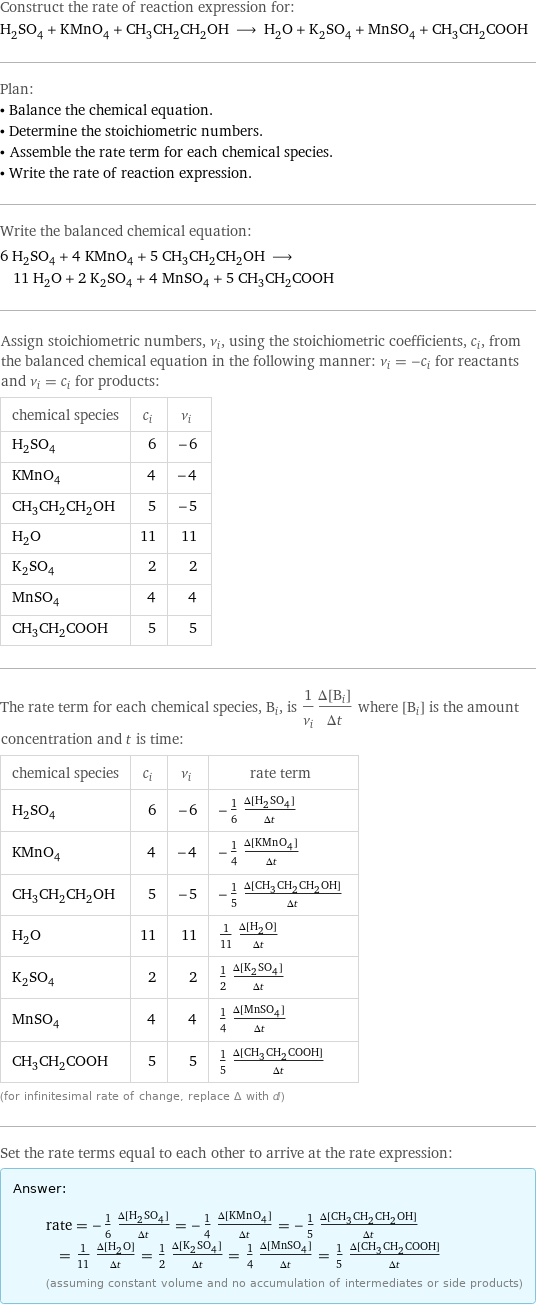 Construct the rate of reaction expression for: H_2SO_4 + KMnO_4 + CH_3CH_2CH_2OH ⟶ H_2O + K_2SO_4 + MnSO_4 + CH_3CH_2COOH Plan: • Balance the chemical equation. • Determine the stoichiometric numbers. • Assemble the rate term for each chemical species. • Write the rate of reaction expression. Write the balanced chemical equation: 6 H_2SO_4 + 4 KMnO_4 + 5 CH_3CH_2CH_2OH ⟶ 11 H_2O + 2 K_2SO_4 + 4 MnSO_4 + 5 CH_3CH_2COOH Assign stoichiometric numbers, ν_i, using the stoichiometric coefficients, c_i, from the balanced chemical equation in the following manner: ν_i = -c_i for reactants and ν_i = c_i for products: chemical species | c_i | ν_i H_2SO_4 | 6 | -6 KMnO_4 | 4 | -4 CH_3CH_2CH_2OH | 5 | -5 H_2O | 11 | 11 K_2SO_4 | 2 | 2 MnSO_4 | 4 | 4 CH_3CH_2COOH | 5 | 5 The rate term for each chemical species, B_i, is 1/ν_i(Δ[B_i])/(Δt) where [B_i] is the amount concentration and t is time: chemical species | c_i | ν_i | rate term H_2SO_4 | 6 | -6 | -1/6 (Δ[H2SO4])/(Δt) KMnO_4 | 4 | -4 | -1/4 (Δ[KMnO4])/(Δt) CH_3CH_2CH_2OH | 5 | -5 | -1/5 (Δ[CH3CH2CH2OH])/(Δt) H_2O | 11 | 11 | 1/11 (Δ[H2O])/(Δt) K_2SO_4 | 2 | 2 | 1/2 (Δ[K2SO4])/(Δt) MnSO_4 | 4 | 4 | 1/4 (Δ[MnSO4])/(Δt) CH_3CH_2COOH | 5 | 5 | 1/5 (Δ[CH3CH2COOH])/(Δt) (for infinitesimal rate of change, replace Δ with d) Set the rate terms equal to each other to arrive at the rate expression: Answer: |   | rate = -1/6 (Δ[H2SO4])/(Δt) = -1/4 (Δ[KMnO4])/(Δt) = -1/5 (Δ[CH3CH2CH2OH])/(Δt) = 1/11 (Δ[H2O])/(Δt) = 1/2 (Δ[K2SO4])/(Δt) = 1/4 (Δ[MnSO4])/(Δt) = 1/5 (Δ[CH3CH2COOH])/(Δt) (assuming constant volume and no accumulation of intermediates or side products)