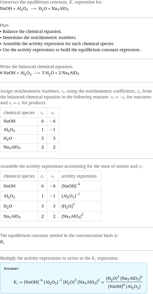 Construct the equilibrium constant, K, expression for: NaOH + Al_2O_3 ⟶ H_2O + Na3AlO3 Plan: • Balance the chemical equation. • Determine the stoichiometric numbers. • Assemble the activity expression for each chemical species. • Use the activity expressions to build the equilibrium constant expression. Write the balanced chemical equation: 6 NaOH + Al_2O_3 ⟶ 3 H_2O + 2 Na3AlO3 Assign stoichiometric numbers, ν_i, using the stoichiometric coefficients, c_i, from the balanced chemical equation in the following manner: ν_i = -c_i for reactants and ν_i = c_i for products: chemical species | c_i | ν_i NaOH | 6 | -6 Al_2O_3 | 1 | -1 H_2O | 3 | 3 Na3AlO3 | 2 | 2 Assemble the activity expressions accounting for the state of matter and ν_i: chemical species | c_i | ν_i | activity expression NaOH | 6 | -6 | ([NaOH])^(-6) Al_2O_3 | 1 | -1 | ([Al2O3])^(-1) H_2O | 3 | 3 | ([H2O])^3 Na3AlO3 | 2 | 2 | ([Na3AlO3])^2 The equilibrium constant symbol in the concentration basis is: K_c Mulitply the activity expressions to arrive at the K_c expression: Answer: |   | K_c = ([NaOH])^(-6) ([Al2O3])^(-1) ([H2O])^3 ([Na3AlO3])^2 = (([H2O])^3 ([Na3AlO3])^2)/(([NaOH])^6 [Al2O3])