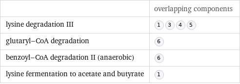  | overlapping components lysine degradation III |  glutaryl-CoA degradation |  benzoyl-CoA degradation II (anaerobic) |  lysine fermentation to acetate and butyrate | 