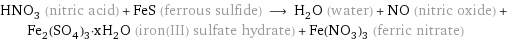 HNO_3 (nitric acid) + FeS (ferrous sulfide) ⟶ H_2O (water) + NO (nitric oxide) + Fe_2(SO_4)_3·xH_2O (iron(III) sulfate hydrate) + Fe(NO_3)_3 (ferric nitrate)