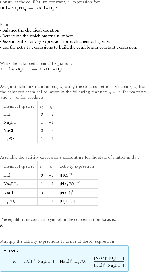 Construct the equilibrium constant, K, expression for: HCl + Na_3PO_4 ⟶ NaCl + H_3PO_4 Plan: • Balance the chemical equation. • Determine the stoichiometric numbers. • Assemble the activity expression for each chemical species. • Use the activity expressions to build the equilibrium constant expression. Write the balanced chemical equation: 3 HCl + Na_3PO_4 ⟶ 3 NaCl + H_3PO_4 Assign stoichiometric numbers, ν_i, using the stoichiometric coefficients, c_i, from the balanced chemical equation in the following manner: ν_i = -c_i for reactants and ν_i = c_i for products: chemical species | c_i | ν_i HCl | 3 | -3 Na_3PO_4 | 1 | -1 NaCl | 3 | 3 H_3PO_4 | 1 | 1 Assemble the activity expressions accounting for the state of matter and ν_i: chemical species | c_i | ν_i | activity expression HCl | 3 | -3 | ([HCl])^(-3) Na_3PO_4 | 1 | -1 | ([Na3PO4])^(-1) NaCl | 3 | 3 | ([NaCl])^3 H_3PO_4 | 1 | 1 | [H3PO4] The equilibrium constant symbol in the concentration basis is: K_c Mulitply the activity expressions to arrive at the K_c expression: Answer: |   | K_c = ([HCl])^(-3) ([Na3PO4])^(-1) ([NaCl])^3 [H3PO4] = (([NaCl])^3 [H3PO4])/(([HCl])^3 [Na3PO4])