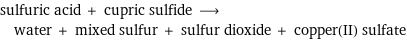 sulfuric acid + cupric sulfide ⟶ water + mixed sulfur + sulfur dioxide + copper(II) sulfate