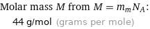 Molar mass M from M = m_mN_A:  | 44 g/mol (grams per mole)