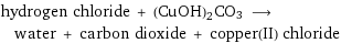 hydrogen chloride + (CuOH)2CO3 ⟶ water + carbon dioxide + copper(II) chloride